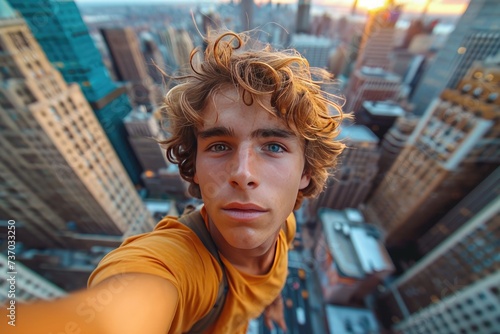 A man with curly hair captures a selfie from an elevated perspective, overlooking the dense urban landscape as the day transitions to evening.