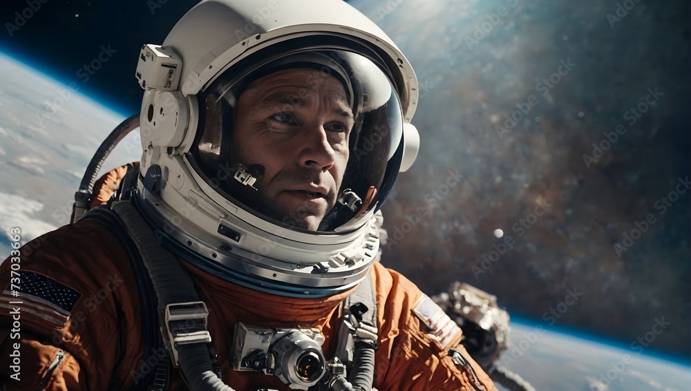Portrait of astronaut in deep outer space. Spacewalking. Close up. Planet Earth background. Portrait of astronaut in deep outer space. Spacewalking. Close up. Planet Earth background.