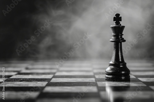 A single black chess king piece stands alone on a checkered board photo