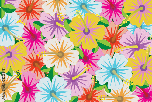 Illustration wallpaper of Multi color the hibisscus flower with leaves on green background.