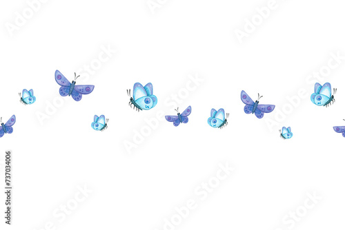 Seamless border  hand drawn watercolor illustration banner on a spring theme. Butterflies  summer  insects  flight  wings