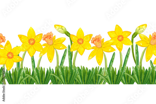 Seamless border, hand drawn watercolor illustration banner on spring flowers theme. Daffodils, greens, grass, spring, freshness