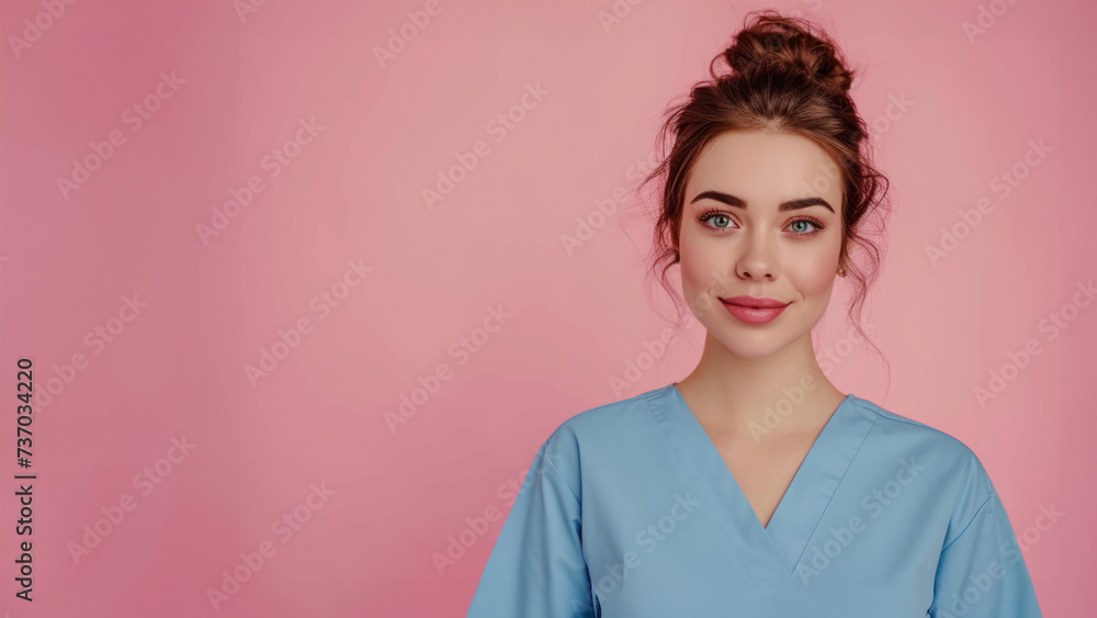 Portrait of happy young smiling girl doctor. Dressed in a blue robe. Evenly standing with on a pink background. young woman doctor smiling for the camera Portrait of happy young smiling girl doctor. Dressed in a blue robe. Evenly standing with on a pink background. young woman doctor smiling for the camera