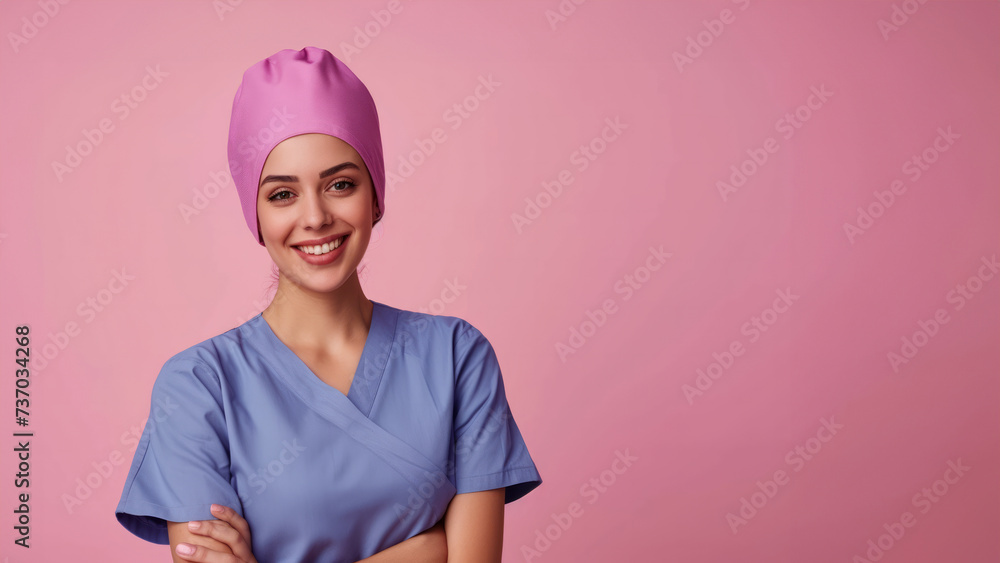 Portrait of happy young smiling girl doctor. Dressed in a blue robe. Evenly standing with on a pink background. young woman doctor smiling for the camera Portrait of happy young smiling girl doctor. Dressed in a blue robe. Evenly standing with on a pink background. young woman doctor smiling for the camera