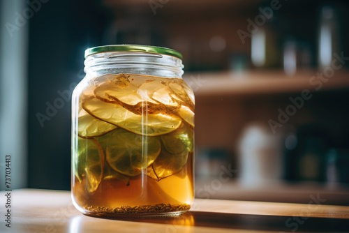 Fermented bread drink kvass in glass jar on kitchen table