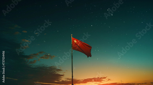 China flag billowing in the wind against a vibrant sky