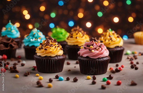 Chocolate cupcakes with frosting and sprinkles.