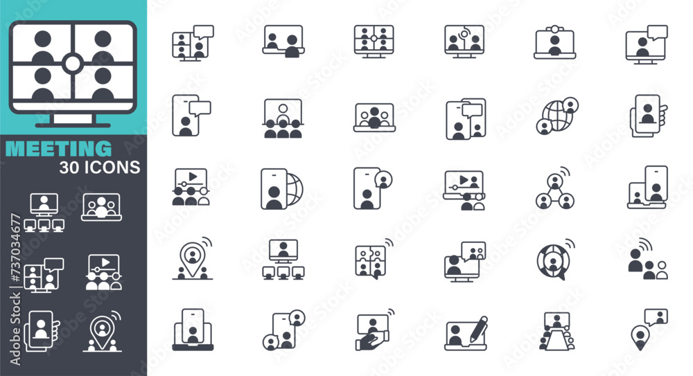 Online Meeting Icons set. Solid icon collection. Vector graphic elements, Icon Symbol, Web Conference, Video Conference, Working at Home, Telecommuting, Home Video Camera, Internet, Meeting
