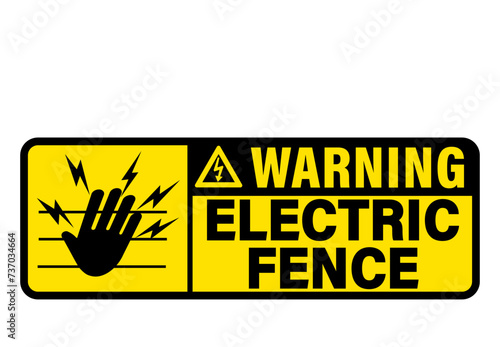 Warning, electric fence. Caution and safety sign with symbols of hand, wire and lightnings. Text on the right. Horizontal shape, strip.