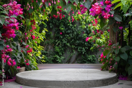 An inviting outdoor space with a grey, round stone surface, enveloped in blossoming fuchsia flowers and rich green leaves
