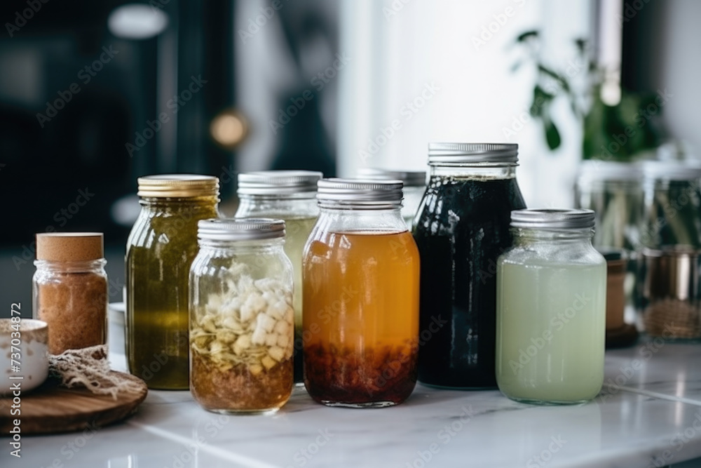 Variety of homemade fermented drinks in the glass bottles and jars, healthy organic probiotic beverage Variety of homemade fermented drinks in the glass bottles and jars, healthy organic probiotic beverage