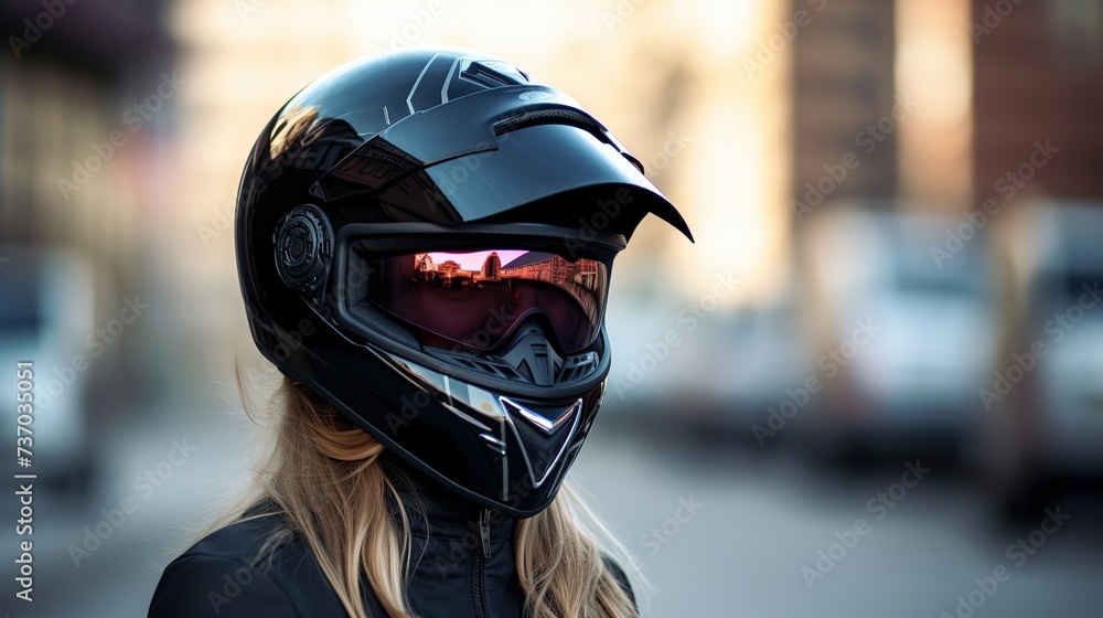 Girl in a motorcycle helmet on the background of the street close-up, copyspace, Generative AI
