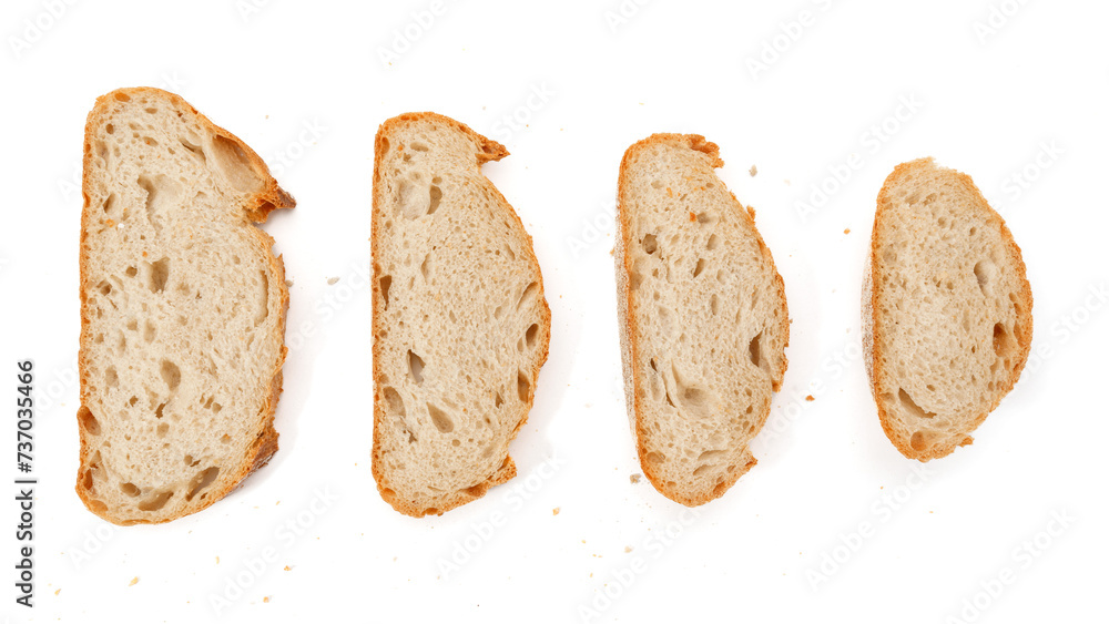 Kromki wypieczonego chleba na białym wyizolowanym tle - obrazy, fototapety, plakaty 