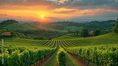 Vineyard of a farm  with green grape trees in a valley. Generative AI.