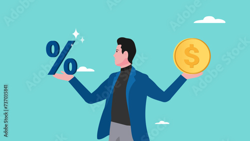 business lending, debt or financial credit, investment concept, business loan funds for capital or investment, mortgage or loan interest rate, businessman holding dollar money coin and percentage