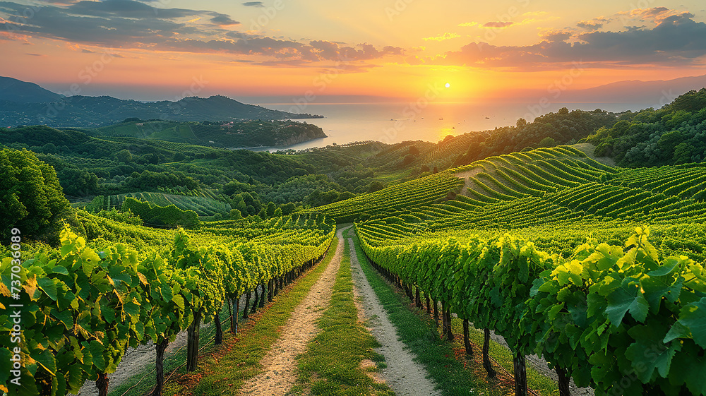 Naklejka premium Vineyard of a farm, with green grape trees in a valley. Generative AI.