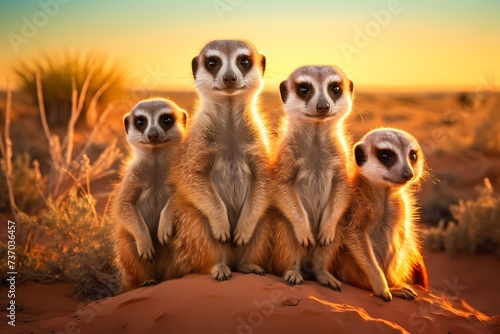 A family of meerkats huddled together, their watchful eyes scanning the horizon for any signs of danger.