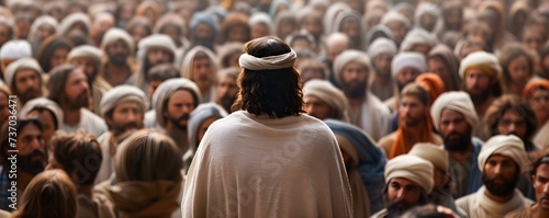 Jesus delivering a powerful sermon to a captivated multitude in stunning digital form. Concept Powerful Sermon, Jesus, Captivated Multitude, Stunning Digital, Religious Art photo