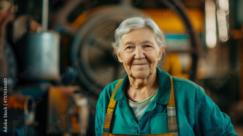 Portrait of elderly woman engineer inside a factory. Working in old age. World Women's Day concept.