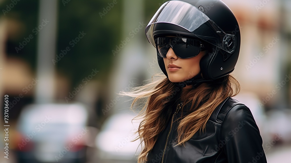 Girl in a motorcycle helmet on the background of the street close-up, copyspace, Generative AI Girl in a motorcycle helmet on the background of the street close-up, copyspace, Generative AI