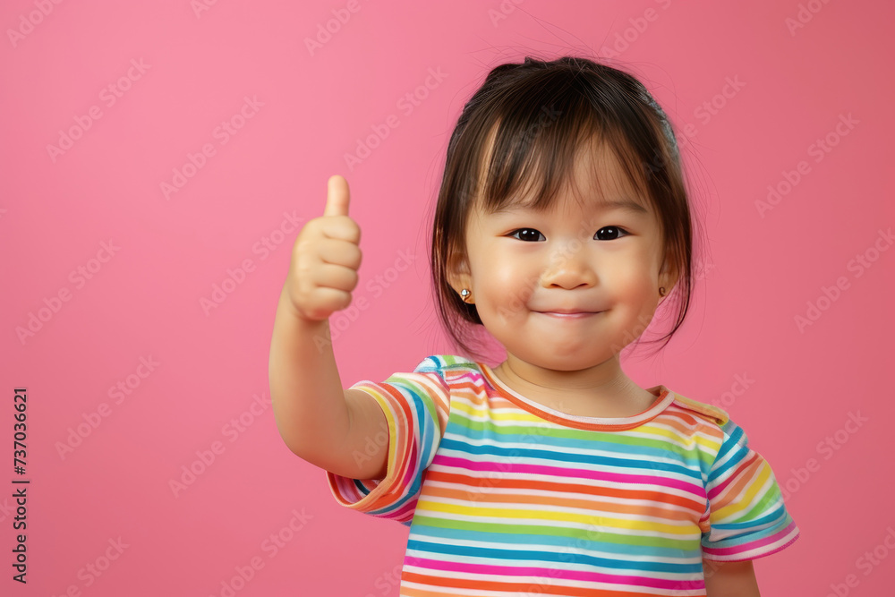 Happy little cute Asian girl giving thumbs up on pink background Happy little cute Asian girl giving thumbs up on pink background