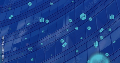 Digital currency symbols float over a blue skyscraper background