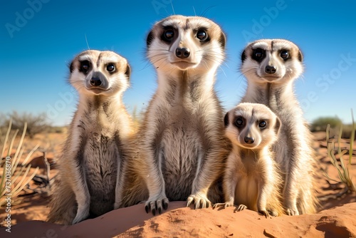 A family of meerkats standing upright, keeping a vigilant watch over their burrow in the arid desert.