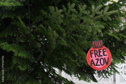 War. Freedom to Azov. Poster on the Christmas tree