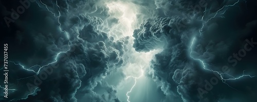 Furious lightning strikes through dark storm clouds showcasing natures power. Concept Power of Nature, Dark Storm Clouds, Furious Lightning Strikes, Nature's Fury, Intense Weather