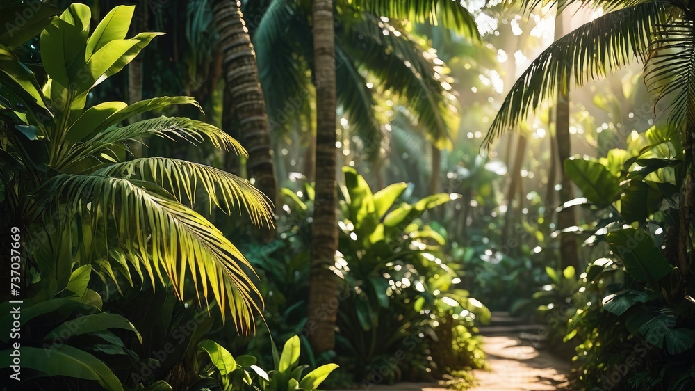 Fototapeta premium Tropical island with palms, Tree in the garden, tropical evergreen forest and leaves plant wallpaper, tropical wallpaper, green plant and leaves background