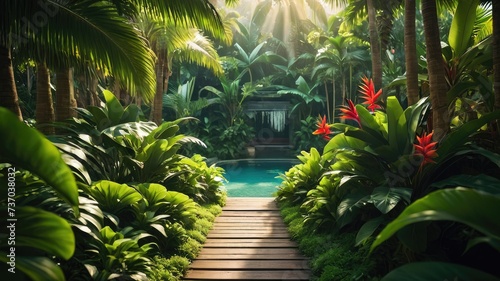 Tropical island with palms  Tree in the garden  tropical evergreen forest and leaves plant wallpaper  tropical wallpaper  green plant and leaves background