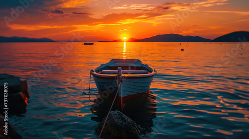 A serene sunset view over the water with a moored boat in the foreground against a mountainous backdrop.