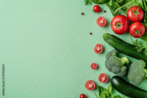 Vegetables isolated on green pastel color background, flat lay, banner design with copy space