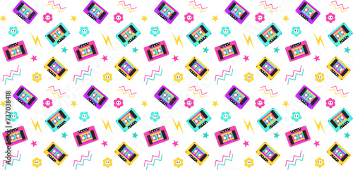 80s-90s retro style pattern with cassettes. Design for fabric  textile  wrapping  clothes  wallpaper. Vector illustration. 