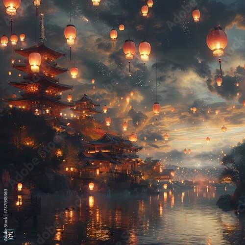 Enchanting Lantern Festival Illumination Over Traditional Asian Pagodas