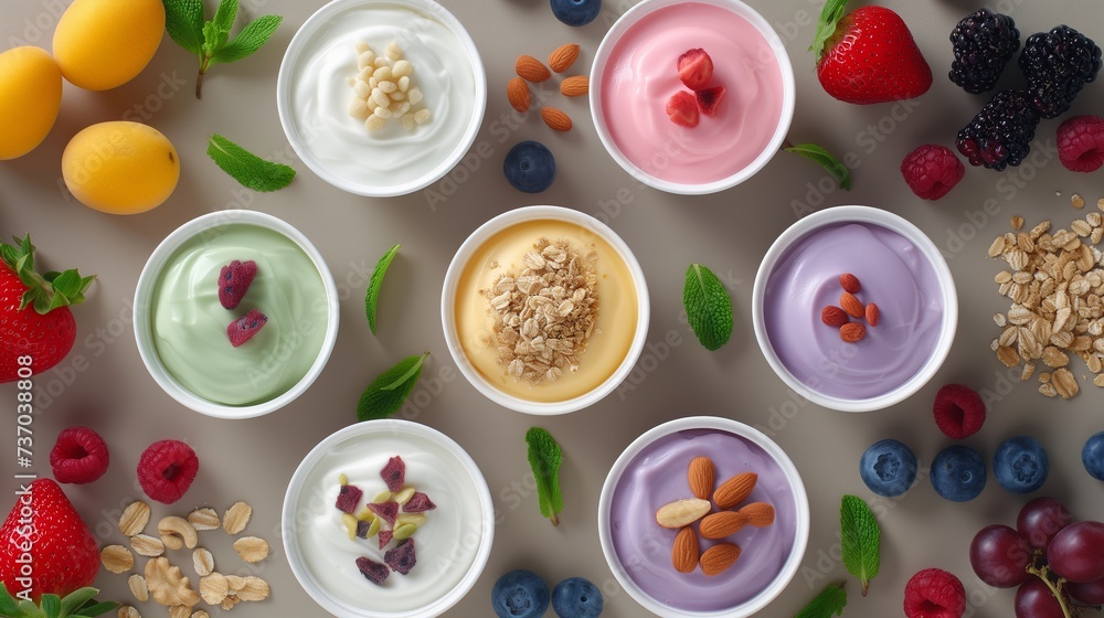 Yogurt cups arranged in a variety of flavors and toppings, surrounded by fresh fruits and nuts. Yogurt cups arranged in a variety of flavors and toppings, surrounded by fresh fruits and nuts.