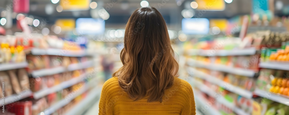 A woman making informed choices while grocery shopping keeping health and budget in mind. Concept Healthy Eating on a Budget, Smart Grocery Shopping, Informed Food Choices, Balanced Diet