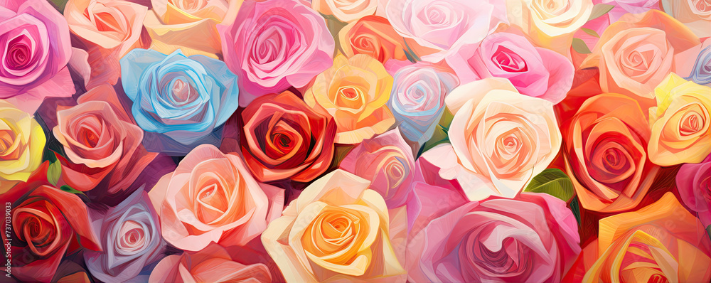 Colored flowers wallpaper top view. Rainbow roses wide banner Colored flowers wallpaper top view. Rainbow roses wide banner