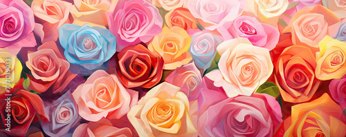 Colored flowers wallpaper top view. Rainbow roses wide banner