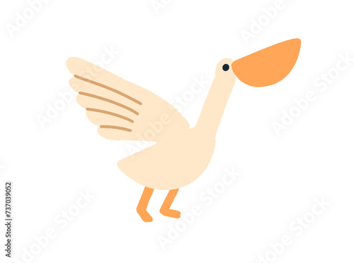Cute funny pelican. Baby bird, exotic tropical feathered animal with big beak...