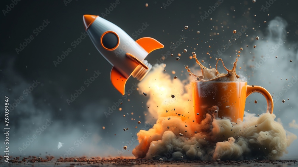 Coffee mug transformed into a rocket ship blasting off into space, symbolizing the revitalizing effect of a caffeine-infused coffee on lifting spirits and energizing the mind - obrazy, fototapety, plakaty 