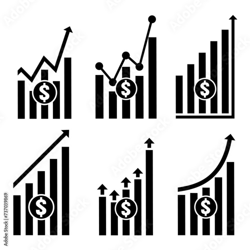 Dollar value increase line icon set isolated on white background. Statistical graph of the increase in currency value. Cash salary increase and investment growth concept. Vector illustration