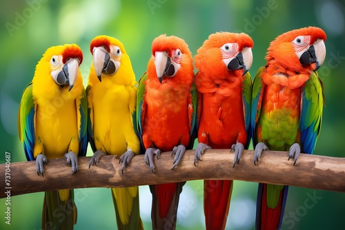 A group of colorful parrots perched on a branch, their vibrant feathers contrasting with a bright green background.