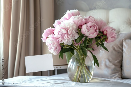 Fototapeta Naklejka Na Ścianę i Meble -  serene and elegant bedroom setting highlighted by a bouquet of blooming pink peonies placed on a neatly made bed