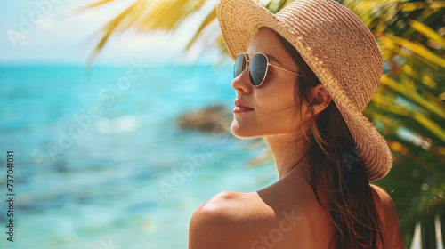 Woman in a straw hat and sunglasses enjoying a sunny tropical beach backdrop. photo