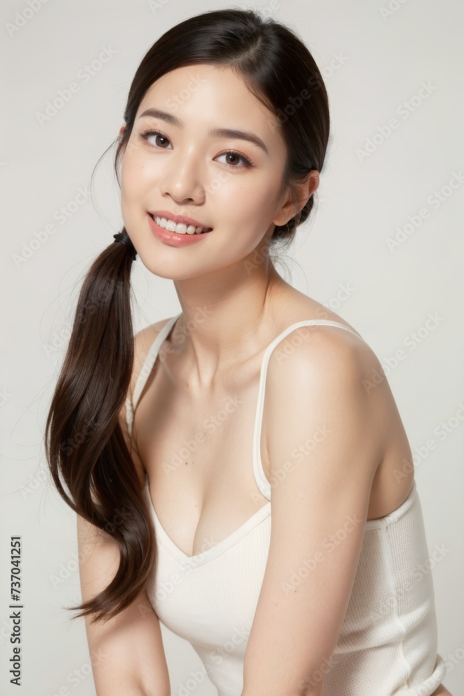 Closeup studio shot of a asian happiness beautiful young woman with freckles skin posing Sustainability portrait Close-up portrait of young and beautiful woman cosmetic skincare spa treatment concept Closeup studio shot of a asian happiness beautiful young woman with freckles skin posing Sustainability portrait Close-up portrait of young and beautiful woman cosmetic skincare spa treatment concept