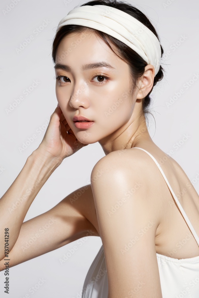 Closeup studio shot of a asian happiness beautiful young woman with freckles skin posing Sustainability portrait Close-up portrait of young and beautiful woman cosmetic skincare spa treatment concept