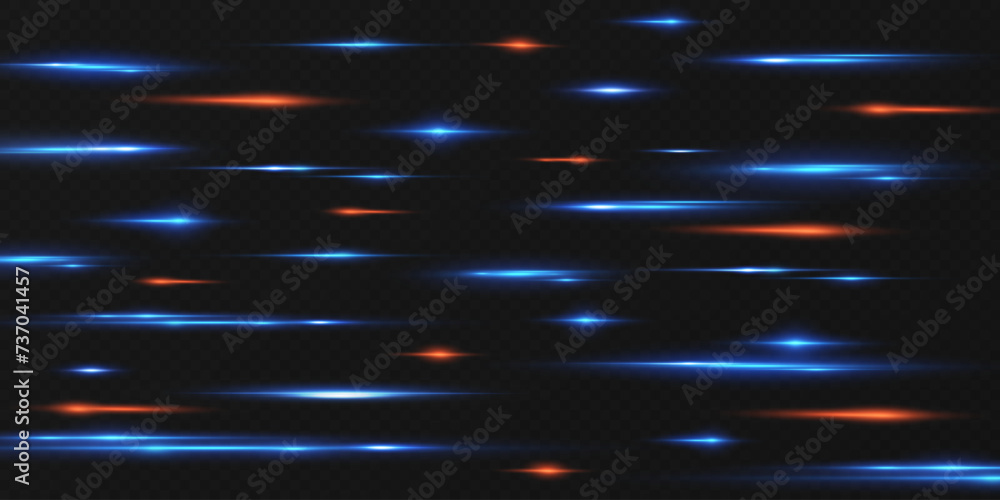 Neon lines moving light effect. Horizontal lines. Speed effect on a transparent background. Lines of light, speed and movement. blue and red. Neon lines moving light effect. Horizontal lines. Speed effect on a transparent background. Lines of light, speed and movement. blue and red.