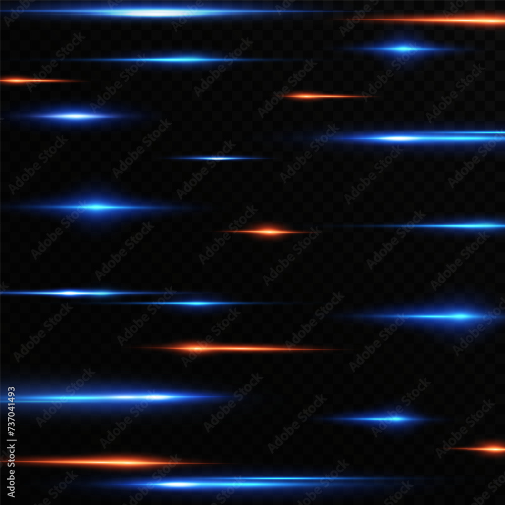 Obraz premium Neon lines moving light effect. Horizontal lines. Speed effect on a transparent background. Lines of light, speed and movement. blue and red.