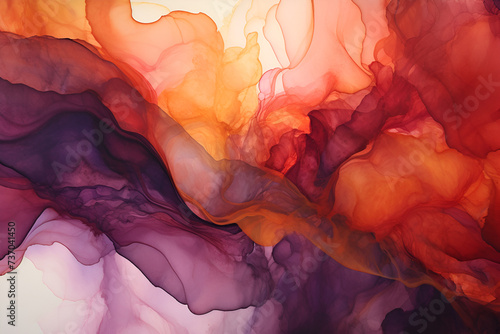 abstract background in alcohol ink technique, orange, purple and red colors, close-up photo